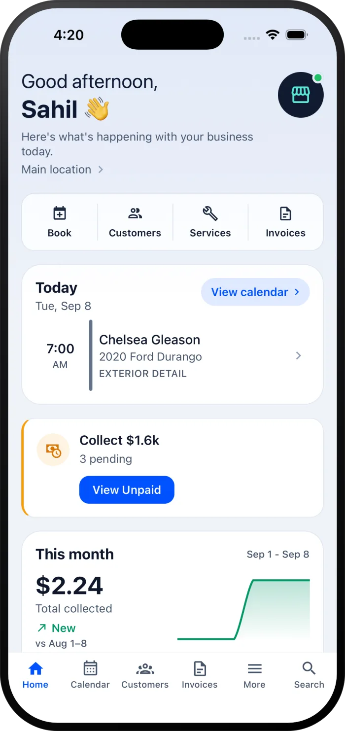 Preview of the upcoming TaskLyft mobile app, showing today's jobs, unpaid invoices, and revenue